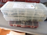 Lot of: 2 Clear and 1 Red Plastic Electronic Parts Cases with some parts