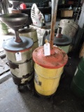 Lot of 4 (four) Waste Oil (oil change) Drums - one with telescoping funnel