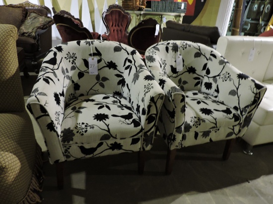 Pair of Patterned Chairs with Branches & Birds - One stained