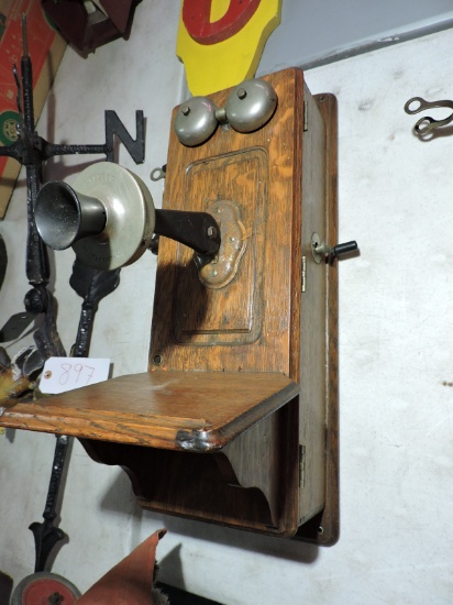 Antique Wall Mount Wooden Telephone - Approx 25" X 9"