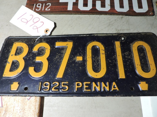 1925 PENNSYLVANIA LICENSE PLATE - STEEL - ANTIQUE
