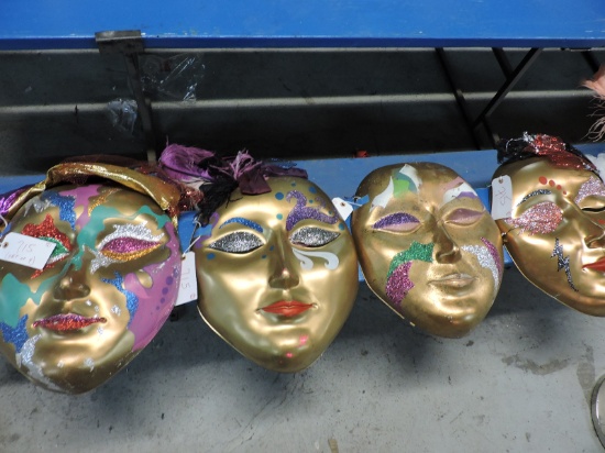 Set of 4 GOLD MARDI GRAS MASKS - Approx. 21" Tall