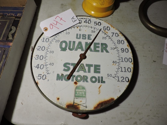 VINTAGE QUAKER STATE MOTOR OIL -- TIN THERMOMETER