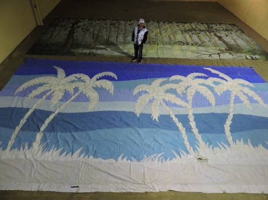White Palm Trees on Blue Stripes' - Backdrop - Note: has holes