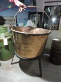 ANTIQUE COPPER CAULDRON with Handle & Stand