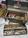 Beat-Up Metal Tool Box with Various Sockets and Tools