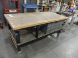 Rolling Work Table with Butcher Block Top & Parts Bins