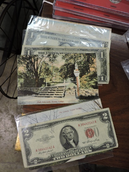 Silver Certificate, $2 Bill & Vintage Vassar College Post Cards