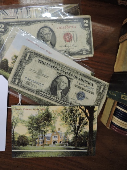 Silver Certificate, $2 Bill & Vintage Vassar College Post Cards