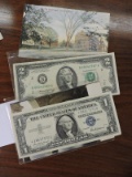 Silver Certificate, $2 Bill & Vintage Vassar College Post Cards