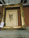 Ornate Gold Antique Picture Frame - and Hand Drawn Signed Deer Picture