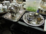 Pair of Silver Tea Sets - One with Square Tray, One with Round