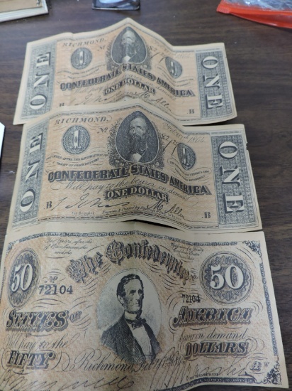 Faux Confederate Paper Money - Two $1s and a $50 - with money clip