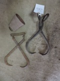 2 Different Antique Ice Tongs and a Cow Bell