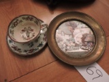 Brass Framed Village Picture from England and a Tea Cup & Saucer