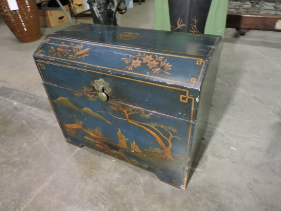 Japanese Antique Trunk / Blue-Green, Accents appear hand painted