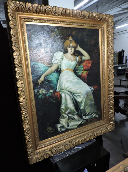Antique Oil Painting of a Woman on Canvas with Gilded Frame