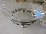 Antique Etched Glass Serving Bowl with Metal Feet / 9.5