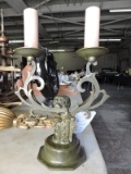 2-Candle Candelabra / Electrified / Solid Tarnished Brass Appearance