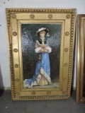 Large Oil Paint Portrait on Porcelain in Gold Gilder Frame / Signed: L Vialle