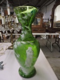 Hand-Painted Green Glass Vase / 14.5