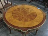 Ornate Inlaid Wood Formal Parlor Table with Brass Trim / Some Veneer Damage on Legs