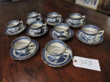9 TEA CUP & SAUCER SETS - 'Real Old Willow' - Style: A8025 Gold Trim