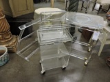 Set of 4 Clear Lucite Pieces: Magazine Holder, Spinning Server, Rolling Server, News Rack