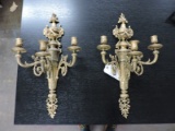 Pair of 3-Arm Brass Wall Sconces / Rams Head Design / Antique