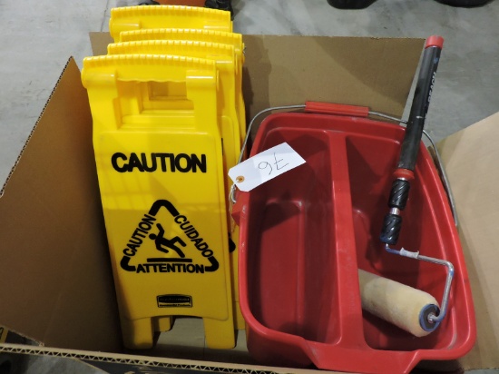 Lot of 4 'CAUTION' Signs, Utility Bucket  and Paint Roller Extension