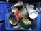 Bin of various adhesives,  silicone adhesive and tape