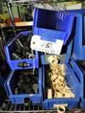 4 bins of plastic hose barb tees, connectors, plugs and pipe hangers