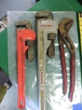 18 and 24 inch adjustable pipe wrenches and a pair of 16 inch joint pliers