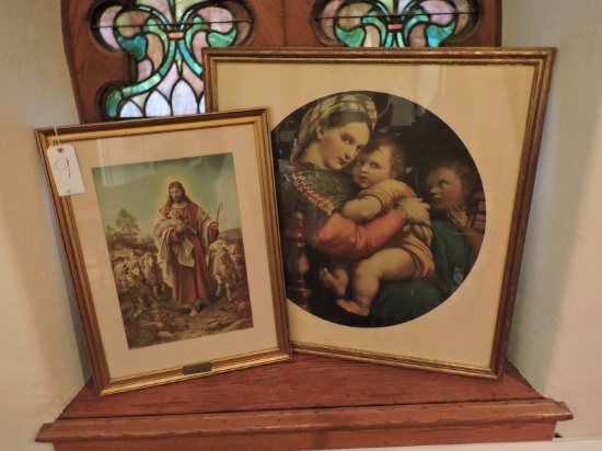 Pair of Framed Religious Art Pieces -- Jesus with Lambs & Mother with Children
