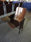 Single Antique Auditorium Seat / Wood & Metal / Folding with Fold-Out Desk
