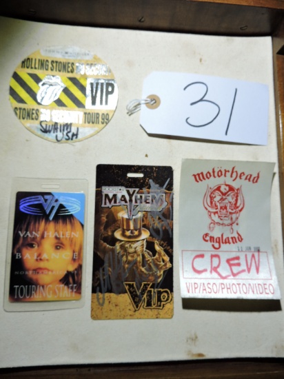4 VIP / CREW Badges: Rolling Stones, Van Halen, Mayhem Fest., Motor head