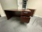 Burgundy/red office desk + Burgundy/red office cabinet + Black chairs