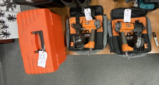 2 Ridgid Coil Nailer Guns Model R175ND w/bag & 19" Tool Box w/ 2 Hammers + Misc items