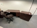 Burgundy/red office desk + Burgundy/red office cabinet  + Burgundy PLeather  office chairs 18” from