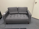 Gray Love seat couch + Black Costway Beverage Cooler Model EP22592 + burgandy/red coffee table