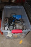 Tote of Assorted Spray Paint Oil Stain Drop Light Etc.