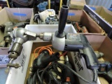 Box of Corded Drills / Various Brands / One with Right-Angle Adapter