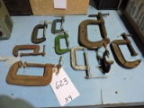 Lot of 9 Various C-Clamps of Different Sizes and Types