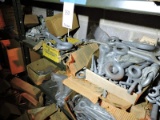 2 Shelves of Various Large Eye Bolts, Mall Clips, Cable Hardware