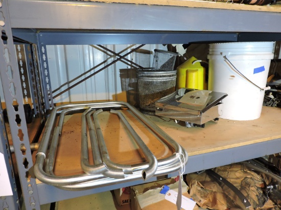 2 Shelves of Fishing Equipment - Sand Spikes, Net, Aluminum Boating Handles, etc