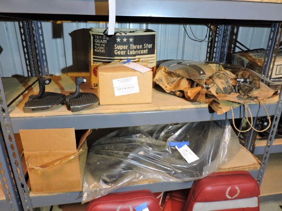 2 Shelves of Motorcycle Accessories - New Seat, Windshield, Foot Pegs, etc…