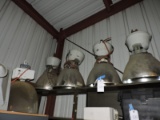 Lot of 5 Metal Halide Shop Lights / 4 Matching / and 2 Bulbs (shelf below)