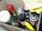 Box of Various Cleaners, Propane Tank, Goo Gone, Brake Cleaner, etc…