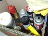Box of Various Cleaners, Propane Tank, Goo Gone, Brake Cleaner, etc…