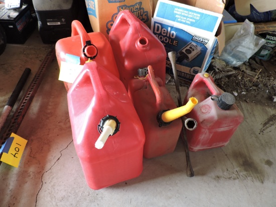Lot of 4 Various Plastic Gas Cans and a Lug Wrench